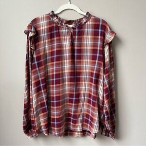 St. John's Bay Women's Plaid Blouse Size XL High Neck Ruffle Collar Burgundy Top